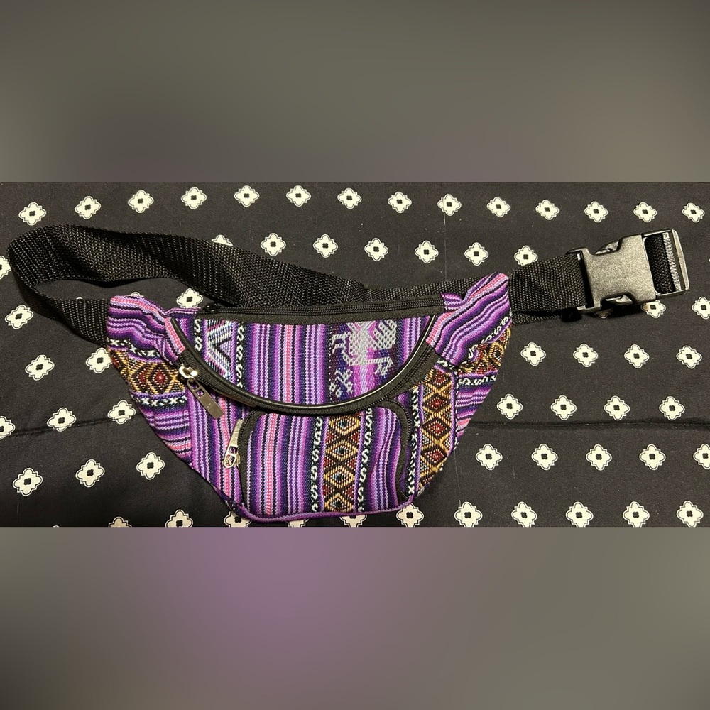 Purple Cloth Patterned waist belt w/ 4 zippers-